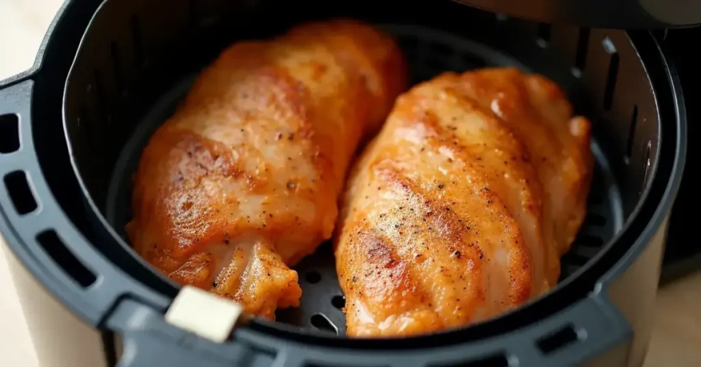 Air fryer basket with seasoned thin sliced chicken breasts, highlighting a modern and healthy cooking method.