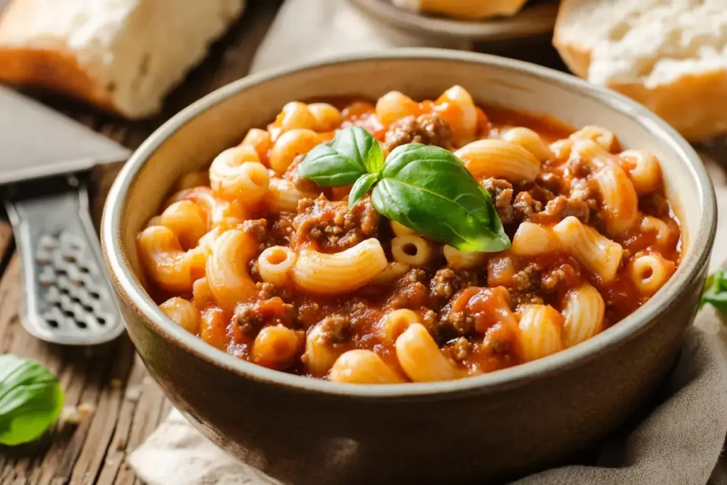 A comforting dish of macaroni with beef and tomato sauce