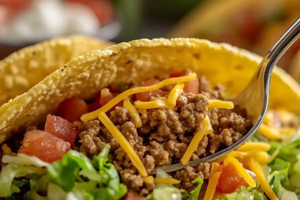 Assembling a classic taco with ground beef, lettuce, tomatoes, and cheddar cheese.