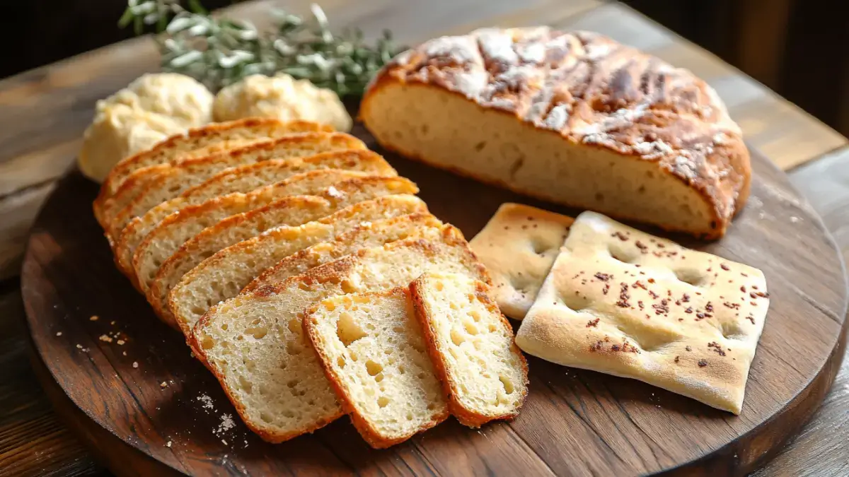 A platter showcasing various recipes made with sourdough discard, including pancakes, banana bread, crackers, focaccia, and brownies.