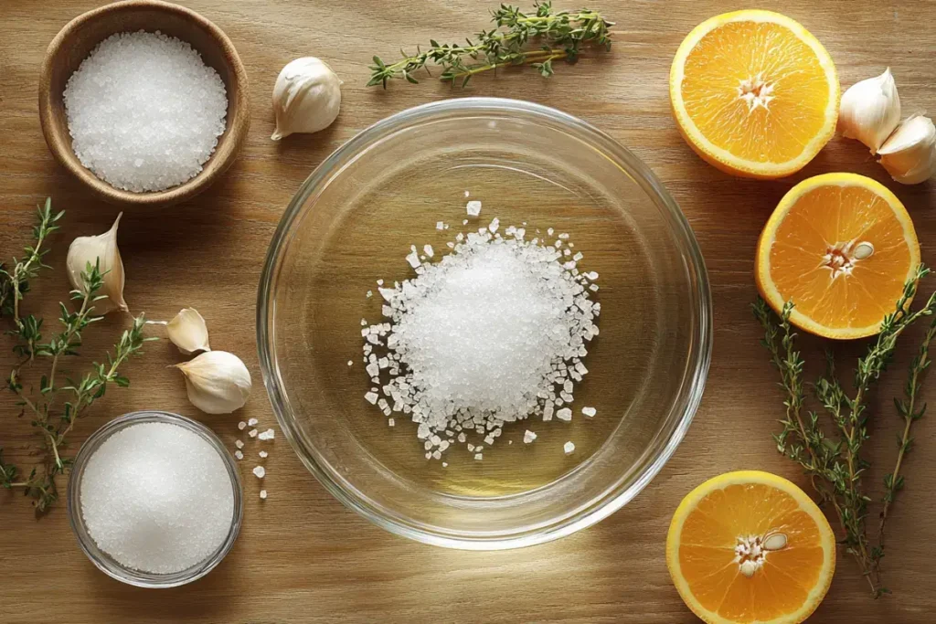 Salt, sugar, garlic, and citrus ingredients arranged on a wooden surface.