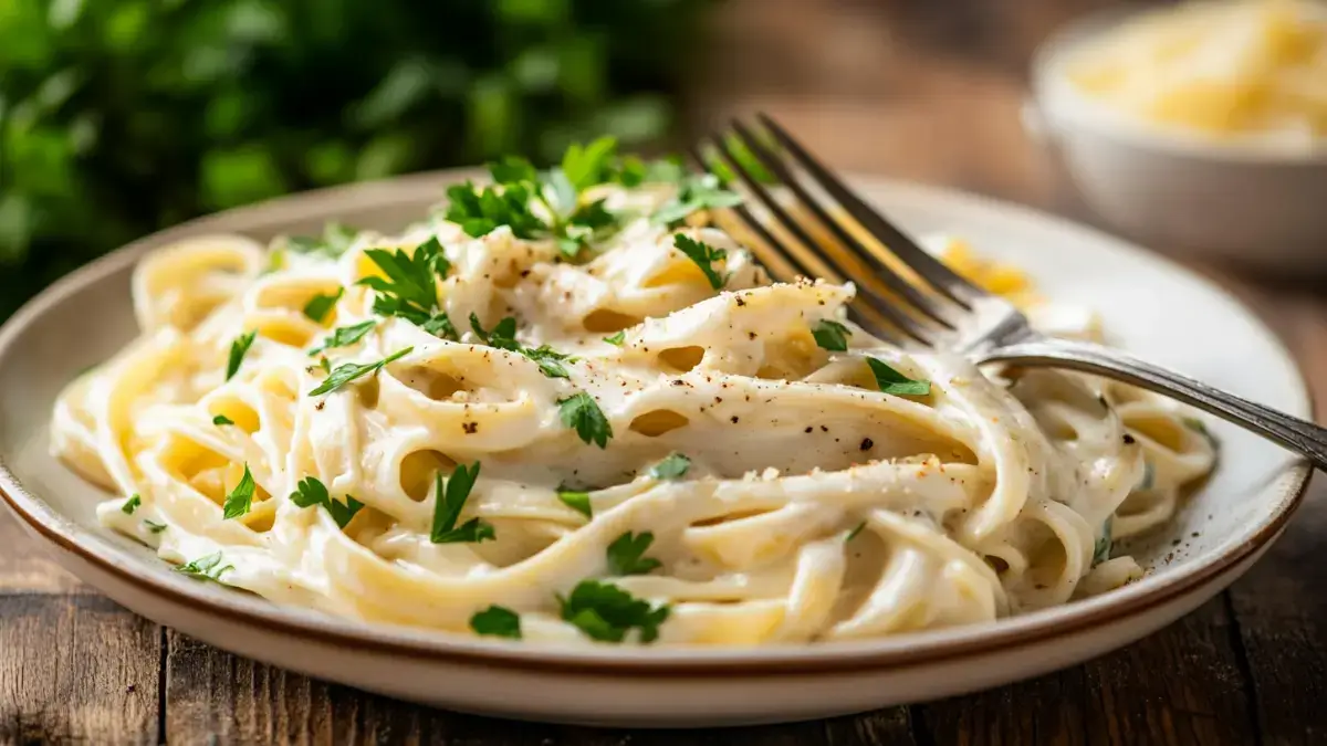 Plate of creamy Cajun Alfredo pasta garnished with parsley.