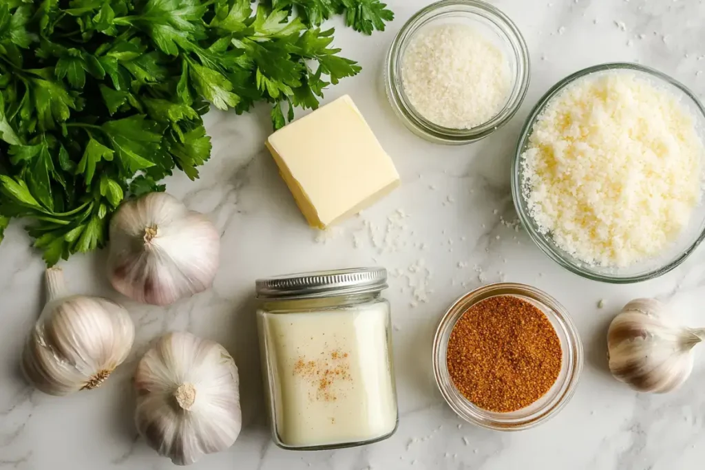 Ingredients for Cajun Alfredo sauce laid out on a kitchen counter.