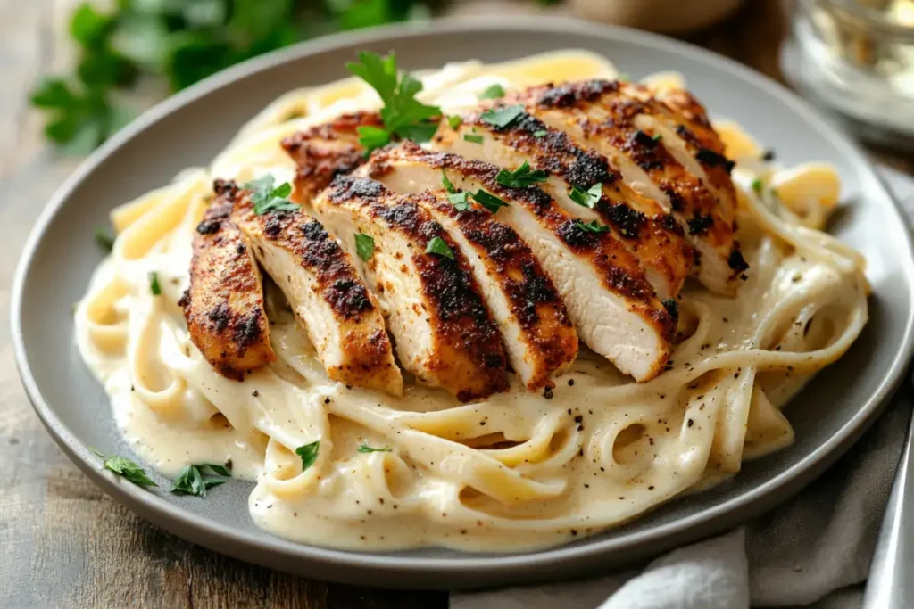 Plate of Cajun Chicken Alfredo with fettuccine and blackened chicken.