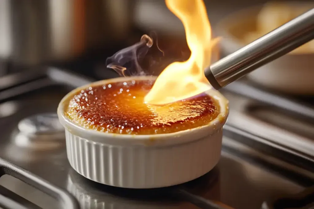 Caramelizing sugar on top of custard with a kitchen torch.