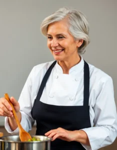 Chef Taylor stirring a pot, smiling warmly in a professional kitchen setting.