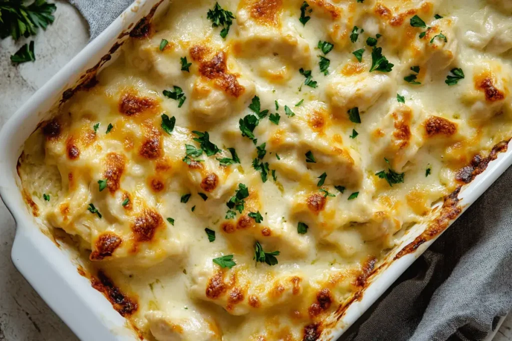 Golden-brown Chicken Alfredo Bake in a white casserole dish, topped with fresh parsley.