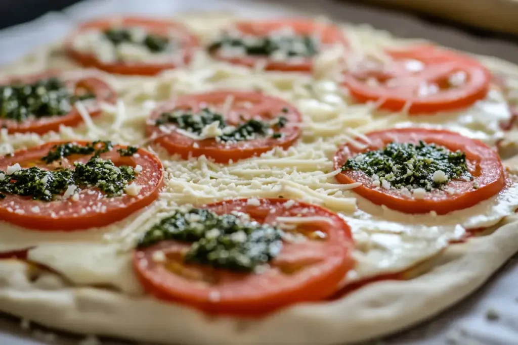 Unbaked pizza with chimichurri sauce, tomatoes, and mozzarella cheese.