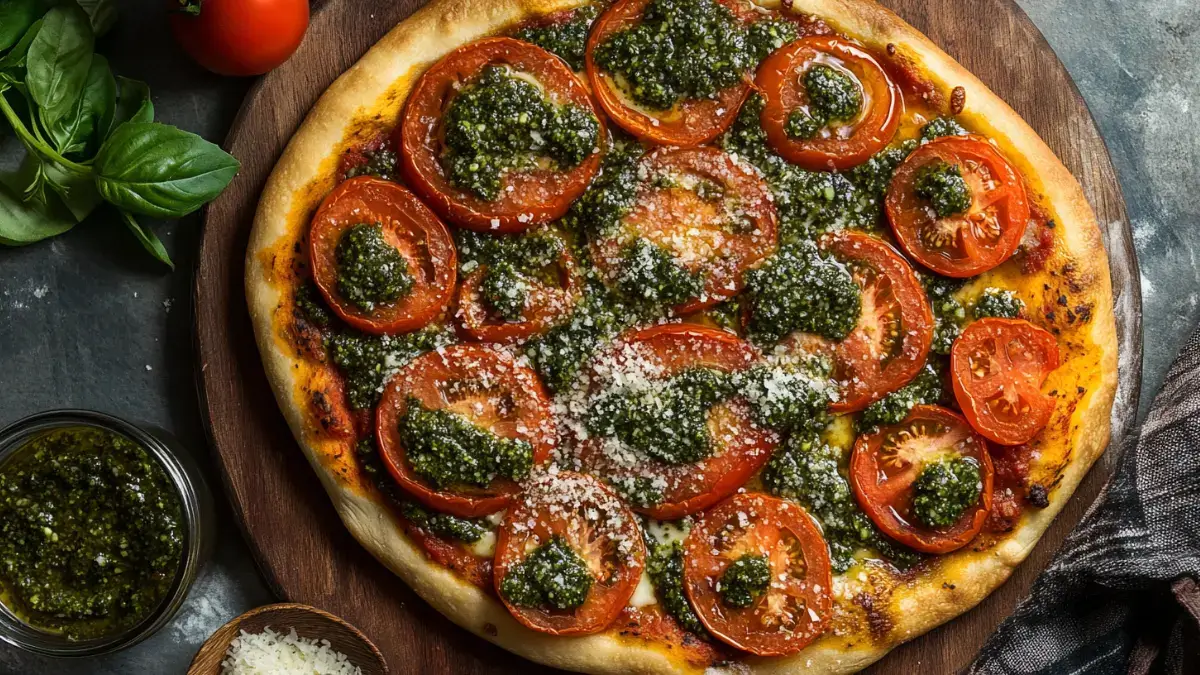 Top-down view of a freshly baked pizza on a wooden board with basil and Parmesan.