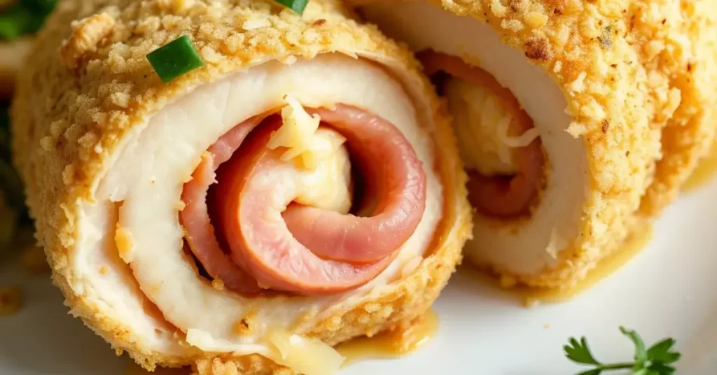 Close-up of classic Chicken Cordon Bleu, featuring a crispy breadcrumb coating, and filled with slices of ham and melted Swiss cheese.