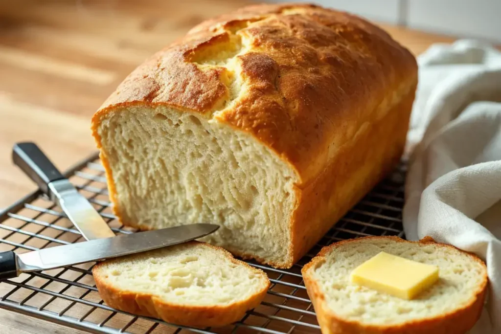 Freshly baked classic cottage cheese bread with a slice topped with melting butter.