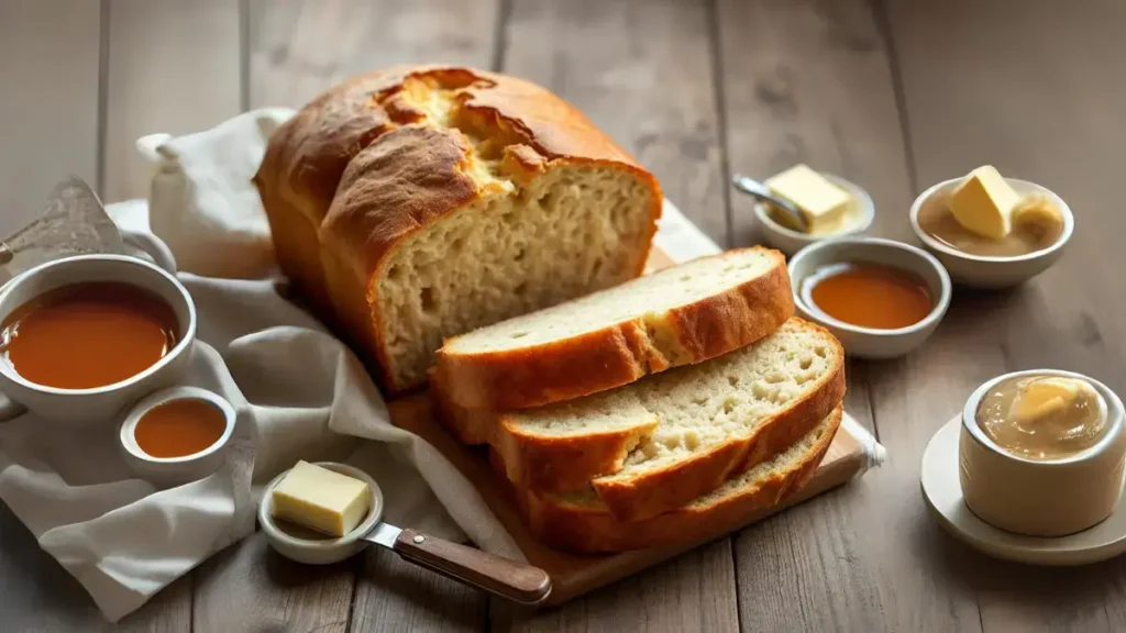 Freshly sliced loaf of cottage cheese bread served with butter and honey on a rustic wooden table.