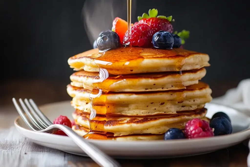 Golden-brown pancakes with fresh berries and maple syrup.