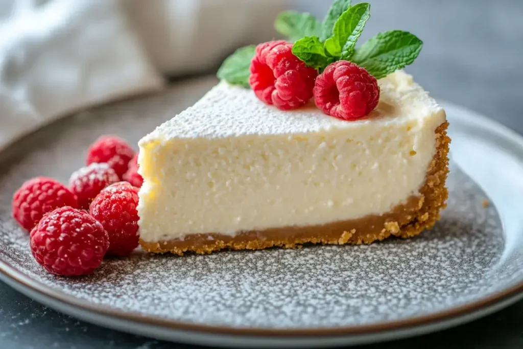 Creamy cheesecake slice with raspberries and mint garnish.