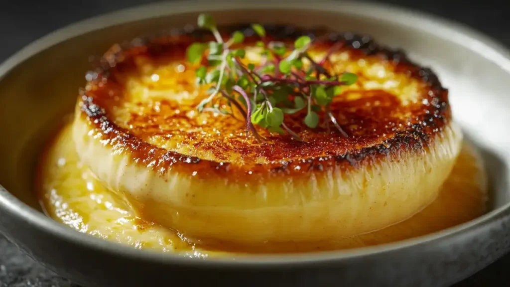 Golden caramelized crab brûlée with a cracked sugar crust, revealing creamy custard garnished with microgreens.