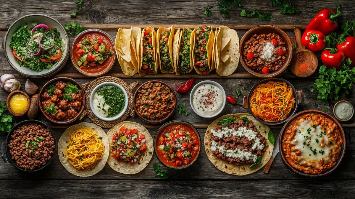 Collage of various ground beef dishes including tacos, spaghetti Bolognese, meatballs, shepherd’s pie, and stuffed bell peppers.