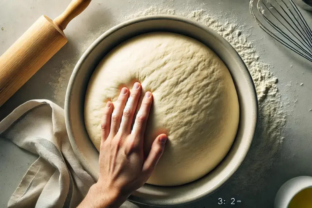 Overhead view of dough in a bowl after rising, with a smooth and slightly domed surface.