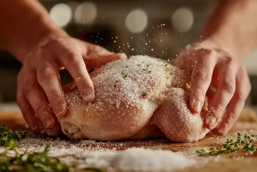 Hands rubbing coarse salt and herbs onto raw chicken.