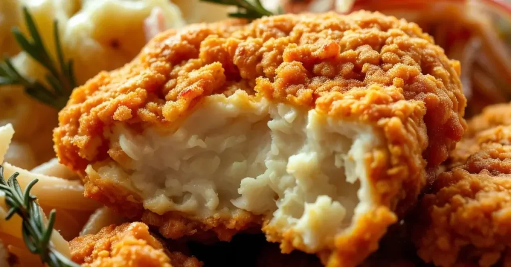 Close-up view of a crispy fried chicken breast with a golden-brown crust and tender, juicy inside.