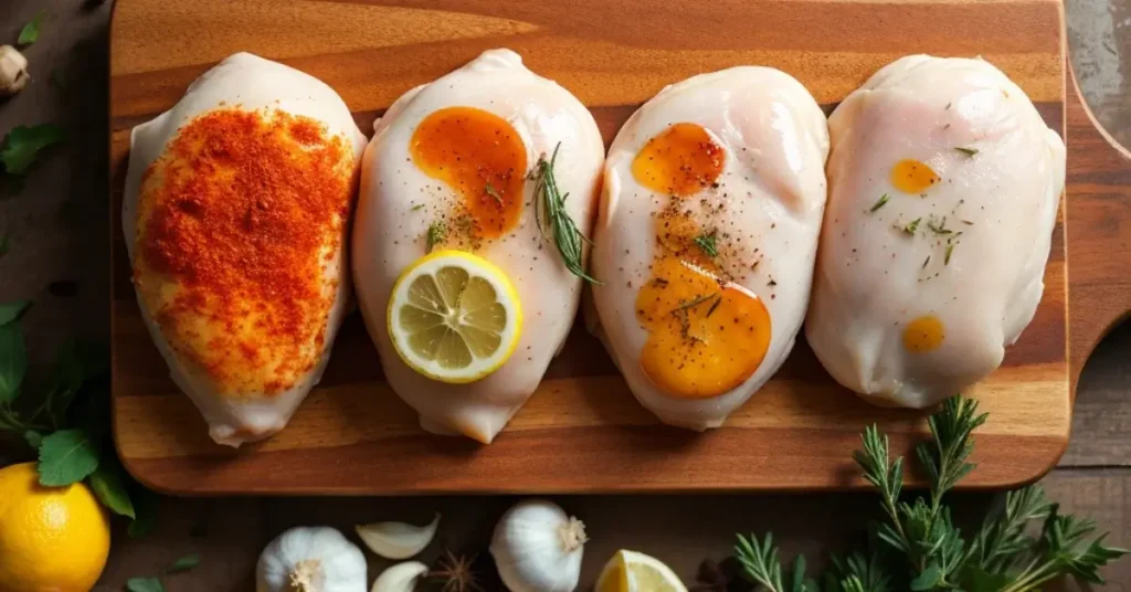 Raw chicken breasts seasoned with various spices, herbs, and a slice of lemon, prepared on a wooden cutting board, ready for cooking.