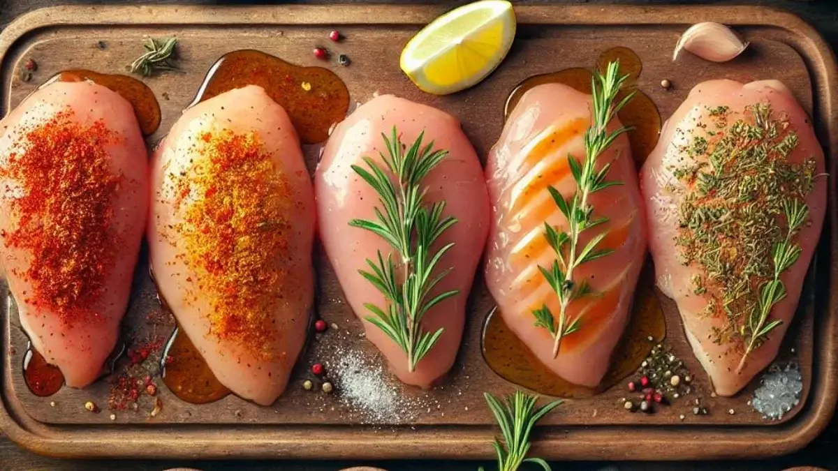 Seasoned chicken breasts on a wooden board with fresh herbs and lemon