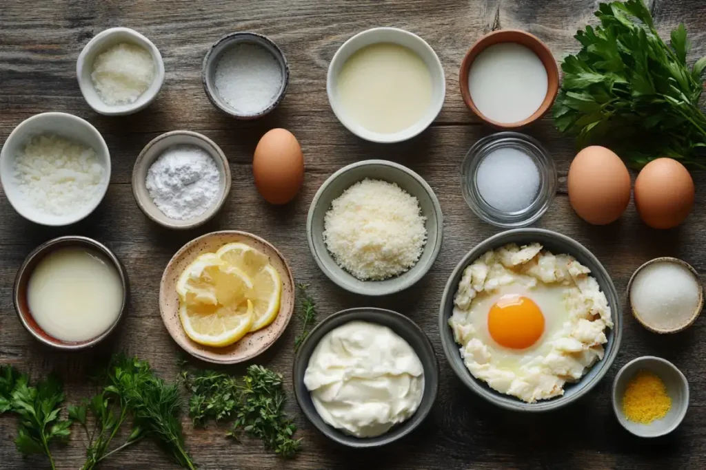 Ingredients for crab brulee recipe, including crab meat, heavy cream, egg yolks, and lemon zest.