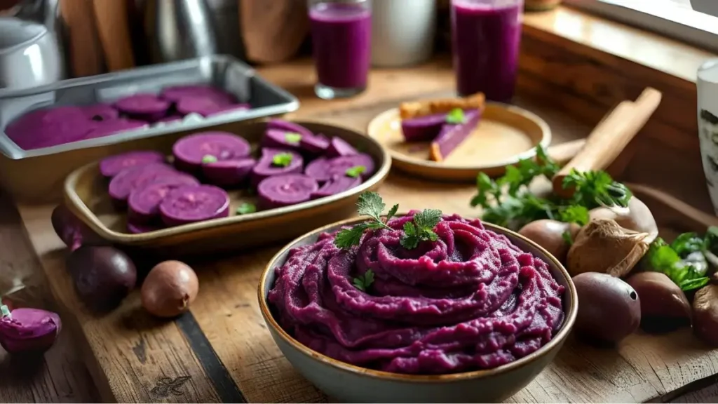 Bowl of creamy mashed purple sweet potatoes with fresh herbs, surrounded by sliced purple sweet potatoes and ingredients on a rustic wooden table.