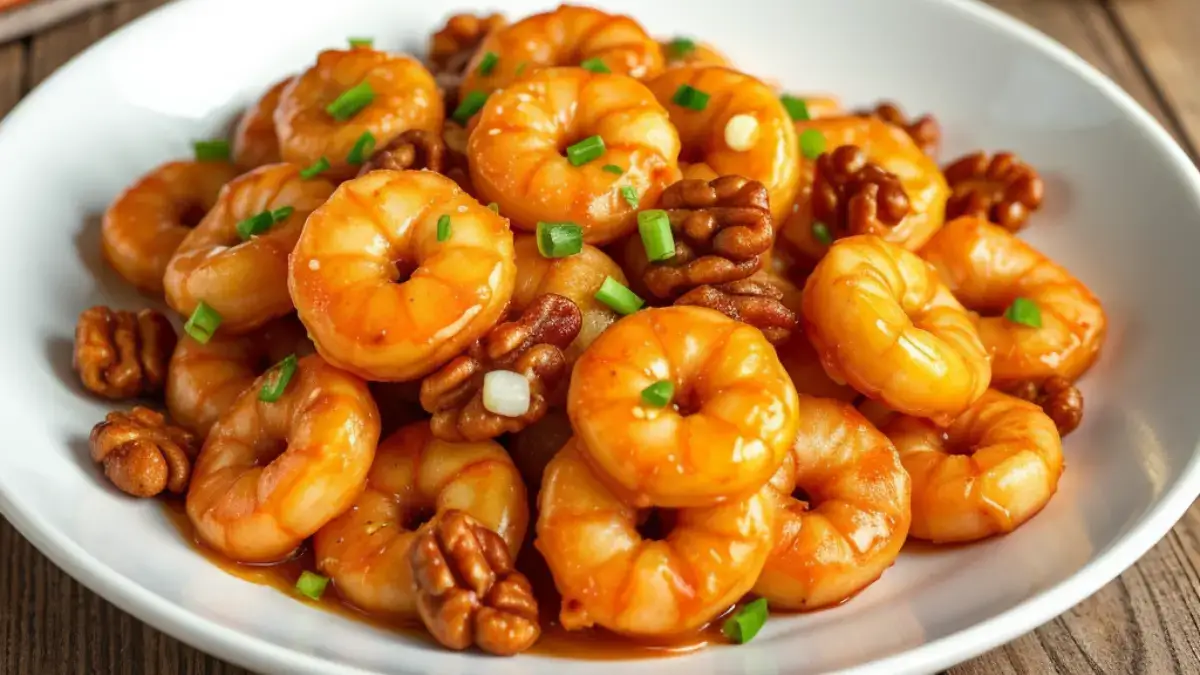 Honey walnut shrimp garnished with green onions and walnuts on a white plate.