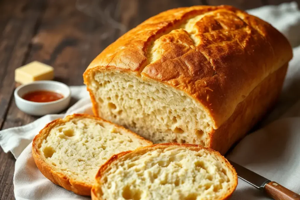 Freshly baked classic cottage cheese bread loaf on a wooden cutting board, with slices and butter on the side.