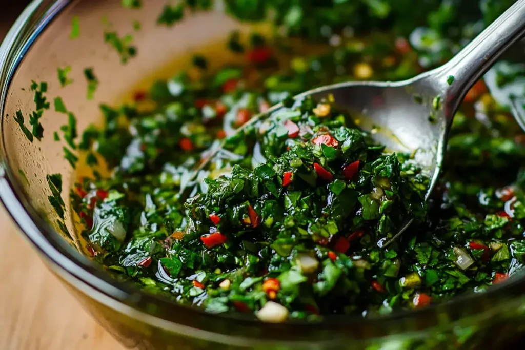 Close-up of fresh green chimichurri sauce in a glass bowl with a spoon.