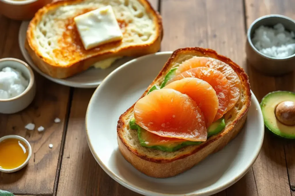 Cottage cheese bread topped with avocado slices and smoked salmon, prepared as a gourmet sandwich.