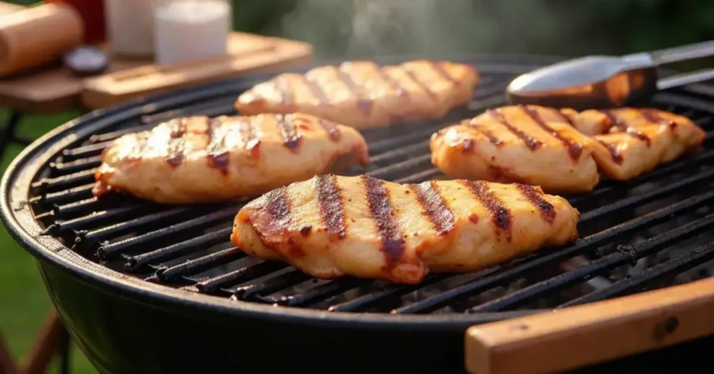 Thin sliced chicken breasts grilling outdoors with visible grill marks, surrounded by grilling condiments and tools.