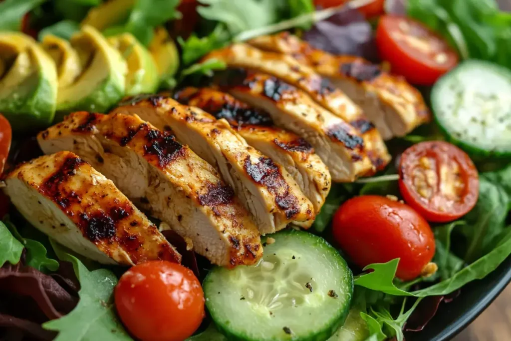 Grilled chicken salad with mixed greens, cherry tomatoes, cucumbers, and avocado slices.