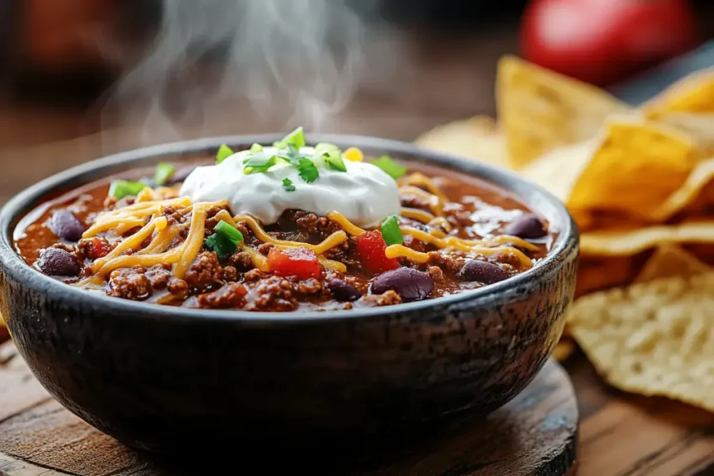 Bowl of hearty beef chili topped with cheese, sour cream, and green onions.