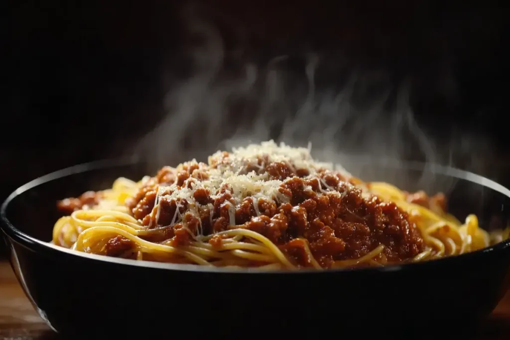 Bowl of spaghetti Bolognese topped with Parmesan cheese and basil leaves.