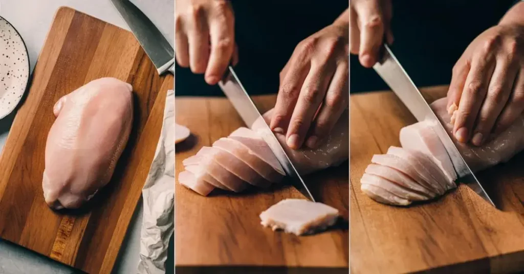 Step-by-step images of slicing a chicken breast on a cutting board, highlighting the thin slicing process with a sharp knife.