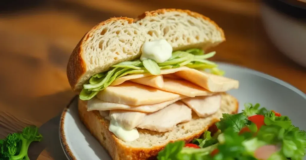 Sourdough sandwich with thinly sliced chicken breast and lettuce