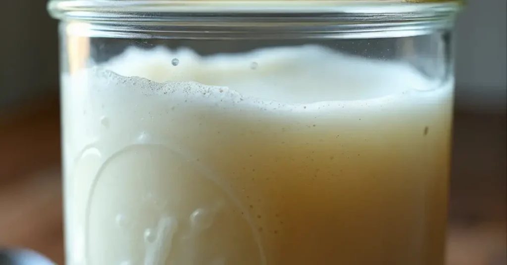 Sourdough starter on Day 3 showing bubbles