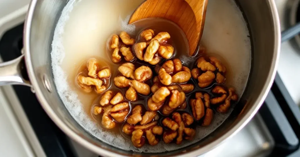 Walnuts being candied in a saucepan on a stovetop.