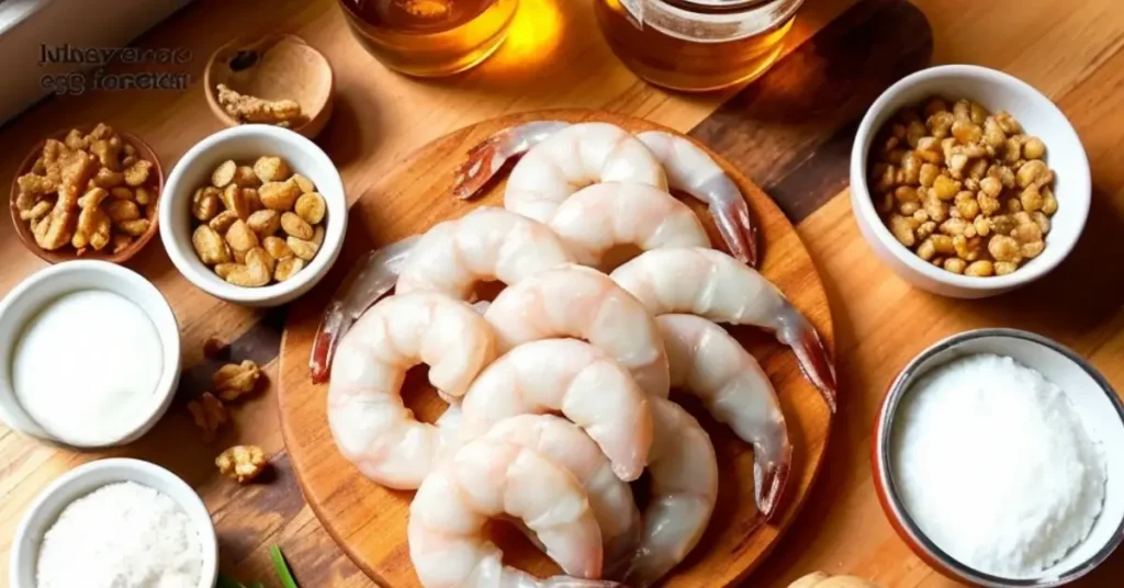 Ingredients for honey walnut shrimp recipe laid out on a wooden cutting board.