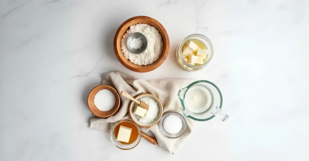 Ingredients for sourdough sandwich bread on a marble countertop