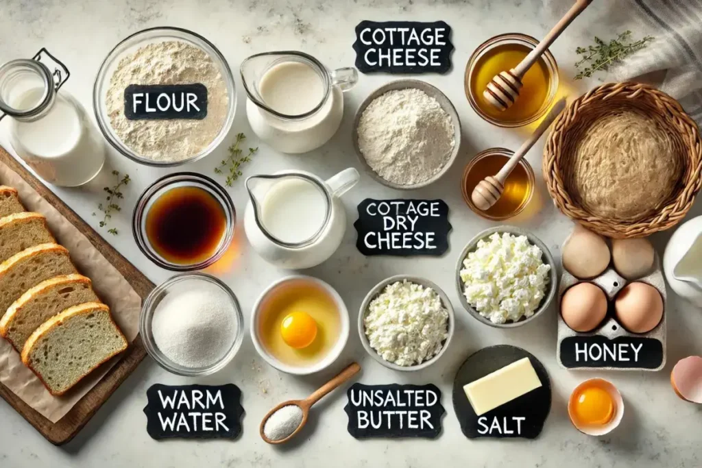 Flat-lay of all ingredients needed for cottage cheese bread, including flour, yeast, cottage cheese, warm water, honey, butter, salt, and eggs.