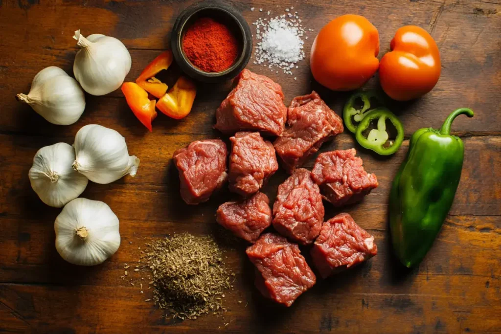 A selection of fresh vegetables, spices, and beef for cooking