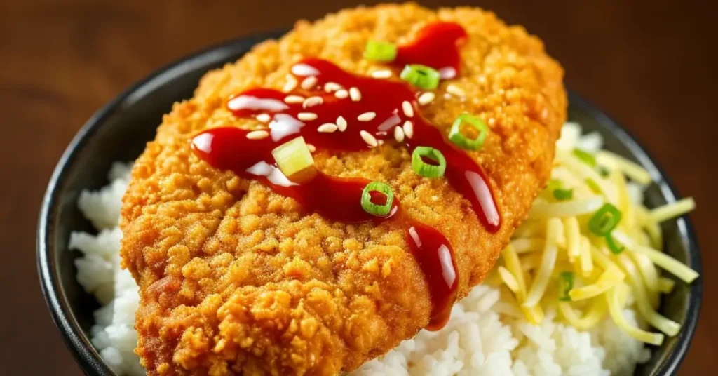 Crispy chicken katsu topped with tonkatsu sauce, garnished with green onions and sesame seeds, served over white rice.