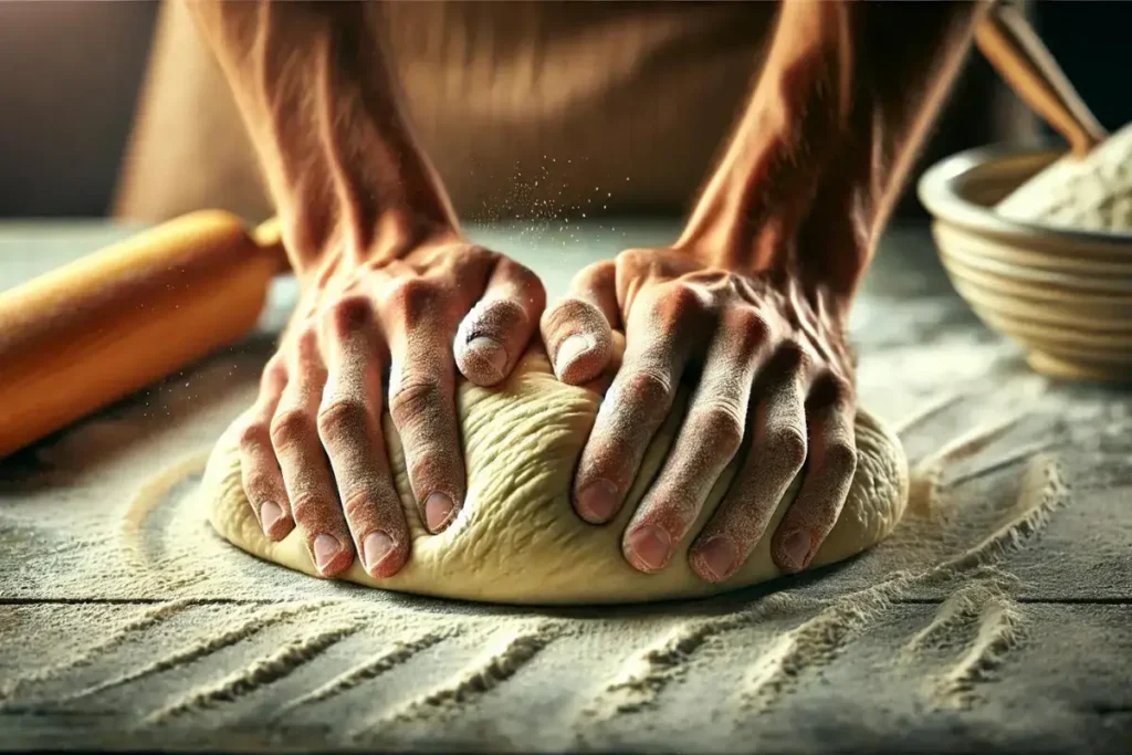 Close-up of hands kneading bread dough on a floured surface.