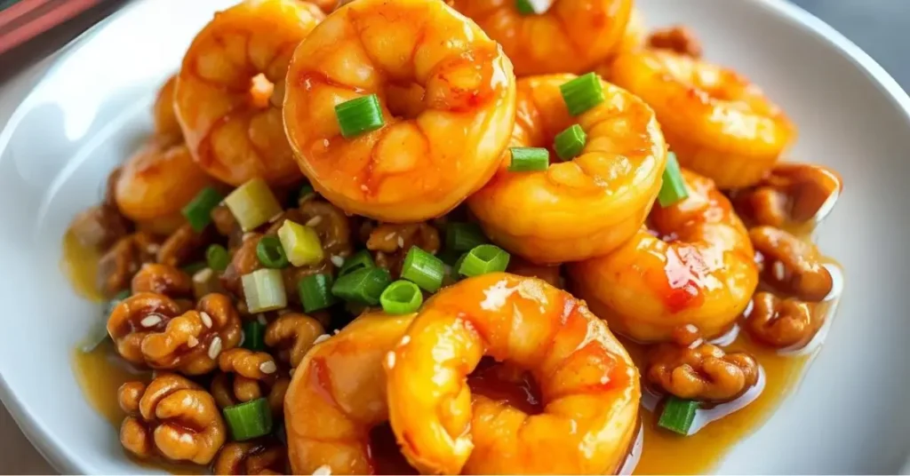 Close-up of honey walnut shrimp garnished with green onions and sesame seeds on a white plate.