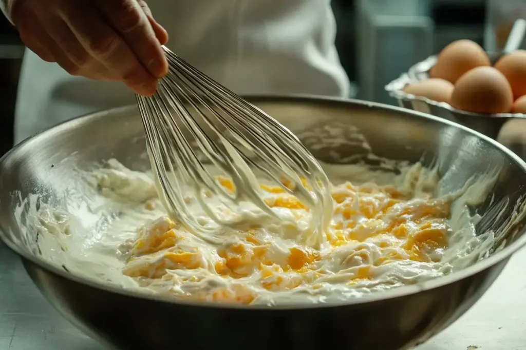 Whisking ingredients for crab brulee custard in a mixing bowl.