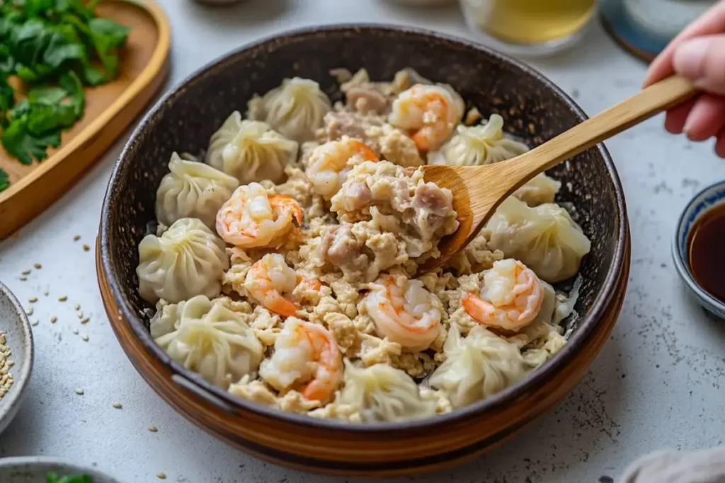 Mixing beef, shrimp, and seasonings in a bowl.