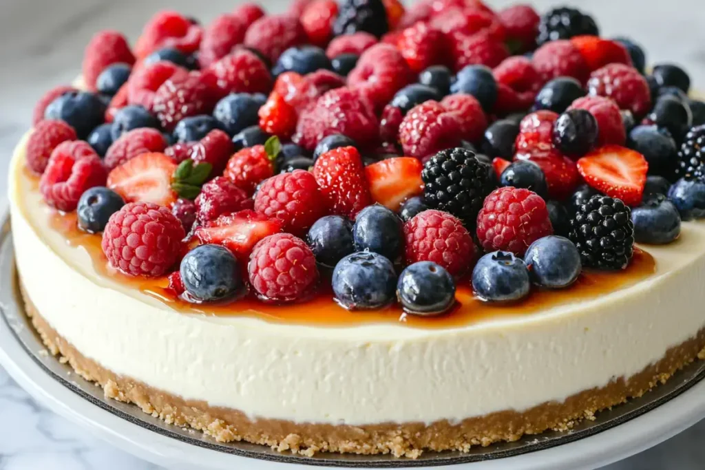 No-bake cheesecake topped with fresh berries and a drizzle of honey.