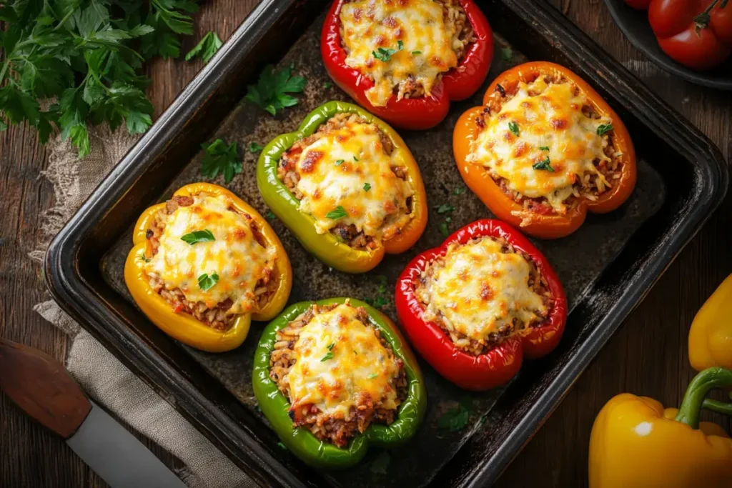 Oven-baked stuffed bell peppers topped with melted mozzarella and Parmesan cheese.